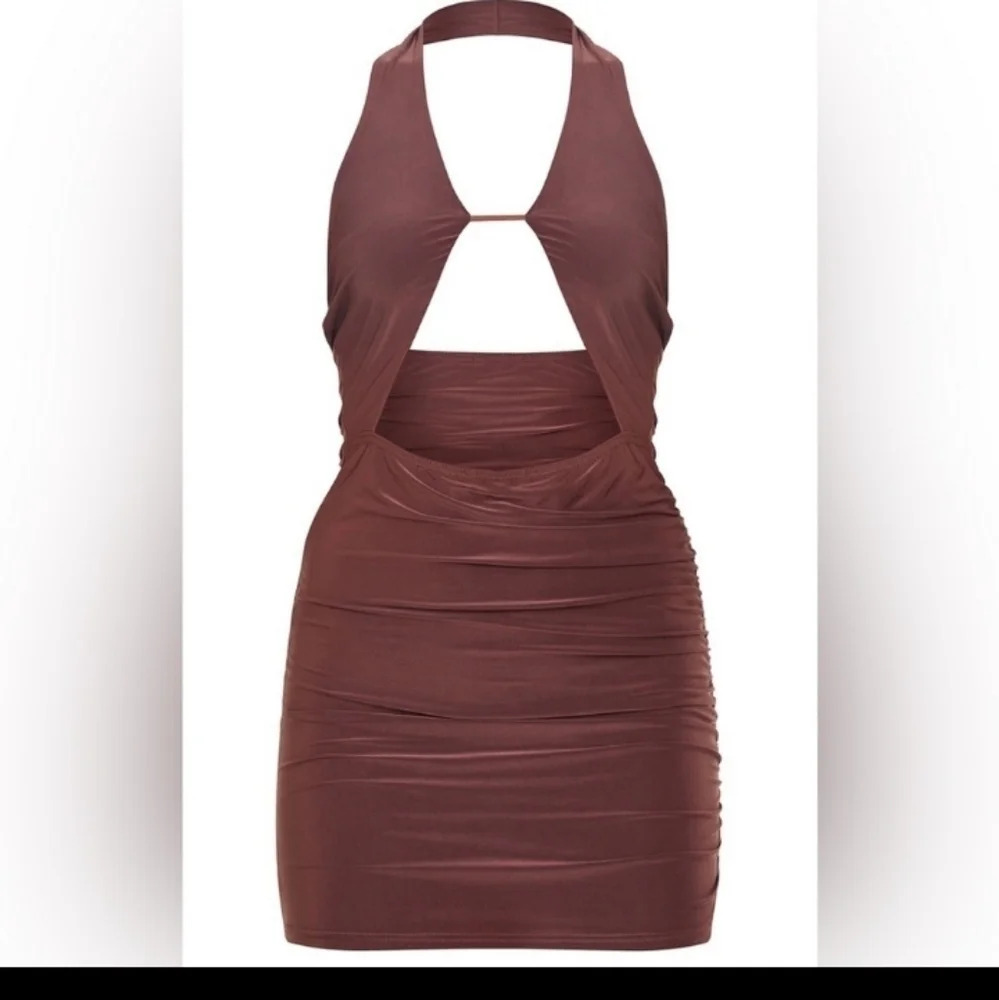 NWT PRETTY LITTLE THING Chocolate Slinky Halterneck Bust Detail Bodycon Dress
